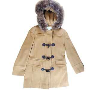 Preston & York Women Tan Wool Blend Duffle Coat Real Fur Hood Size 6